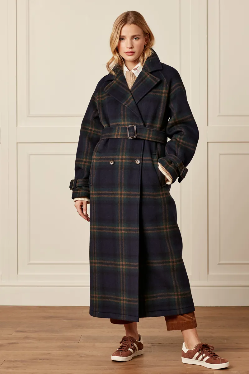 Joules Amberley Longline Wool Blend Coat with Belt Navy Khaki