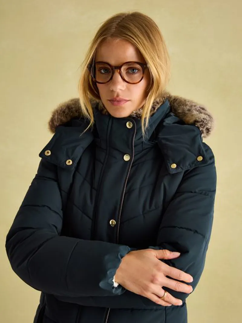 Joules Cherington Navy Showerproof Longline Padded Coat with Faux