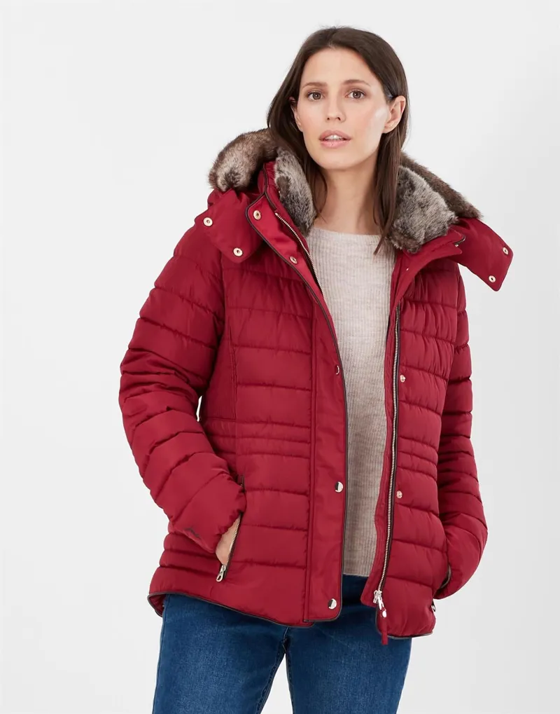 Joules Gosway Fur Trim Padded Coat Red